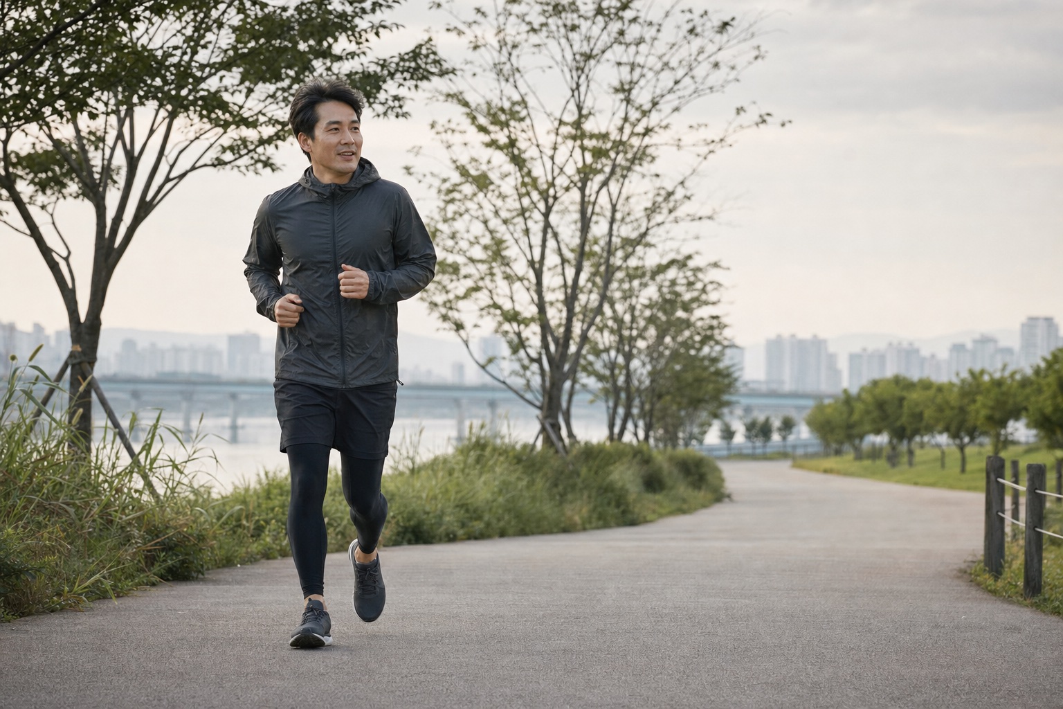 강변 길에서 가볍게 달리는 사람